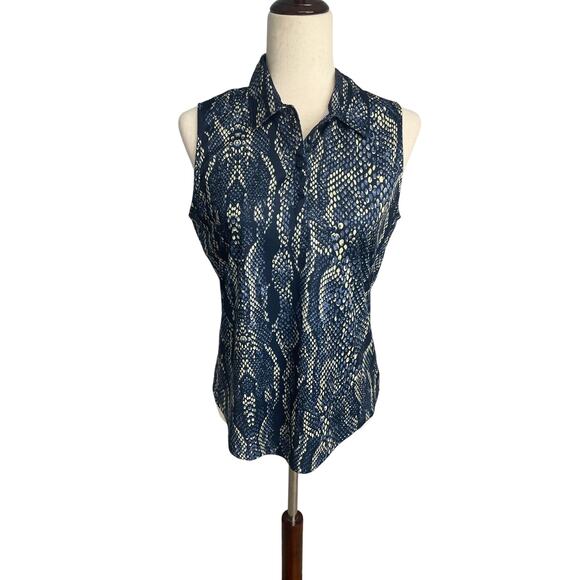 Greg Norman black blue white animal print sleeveless polo shirt women's medium - Picture 1 of 6